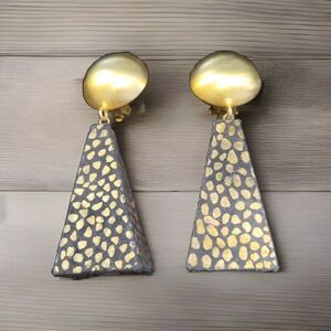Vintage Signed Marcy Feld Black And Gold Tone Spotted Dangle Clip- On Earrings